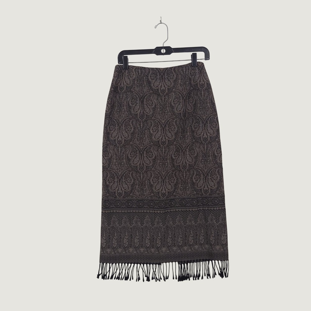 Talbots Wool Paisley Pencil Skirt 8P Fringe Office Vintage 90s Old Money Boho
